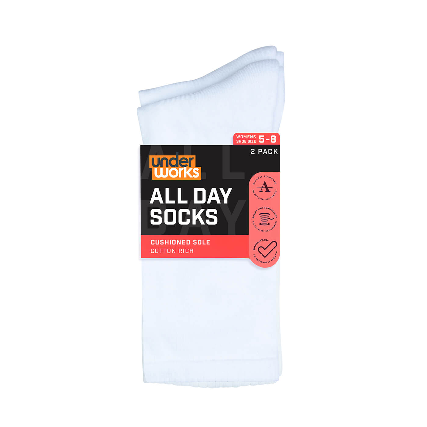 Underworks white cotton rich 2 pack socks shown in packaging. Women's shoe size 5-8.