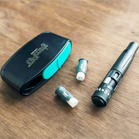 Glucology Pen Needle Pocket Container and Attachments (lancet and lancing device not included).