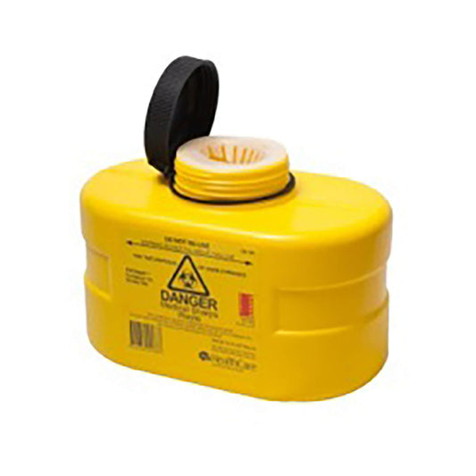 FITTANKƒ?› yellow sharps container with a black screw top and petal insert. It has a 3L capacity to safely store medical sharps waste.